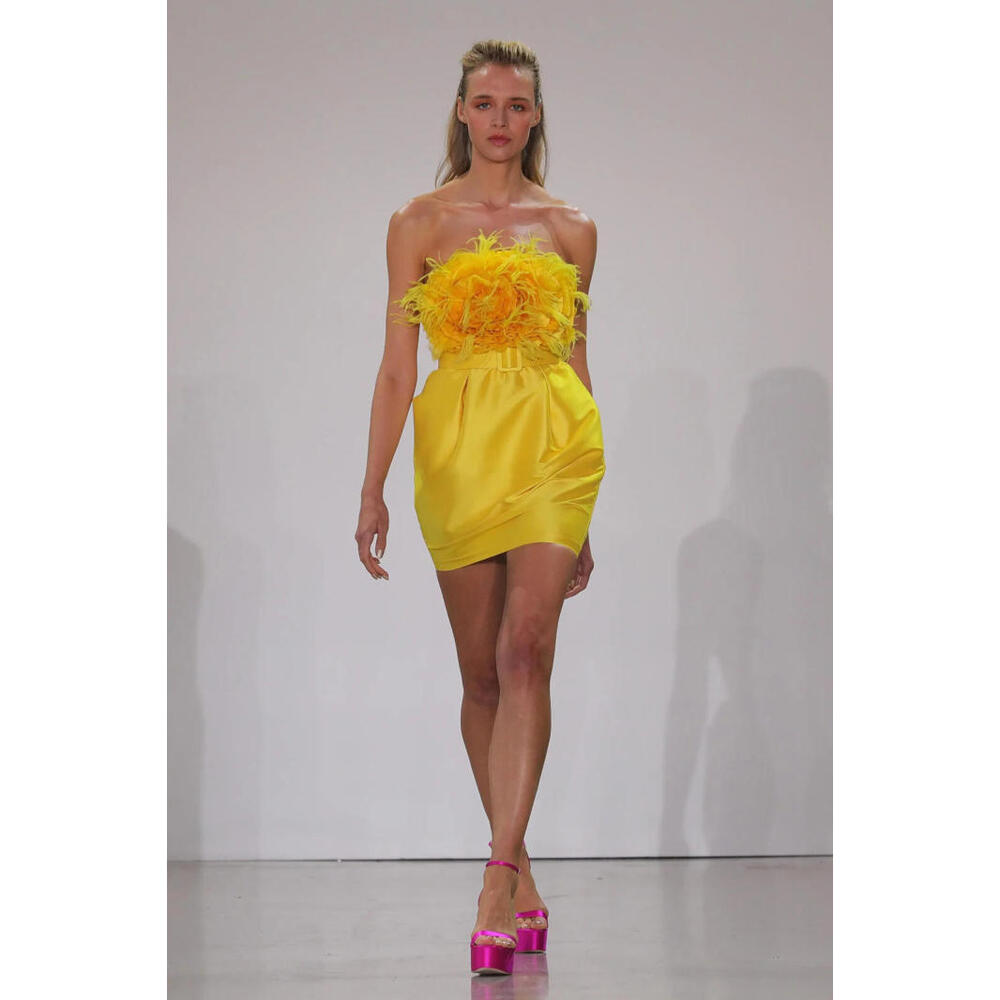 Badgley Mischka sz 0 Ruflle Dress Mini Feather Yellow $990 Sample Sale Mikado